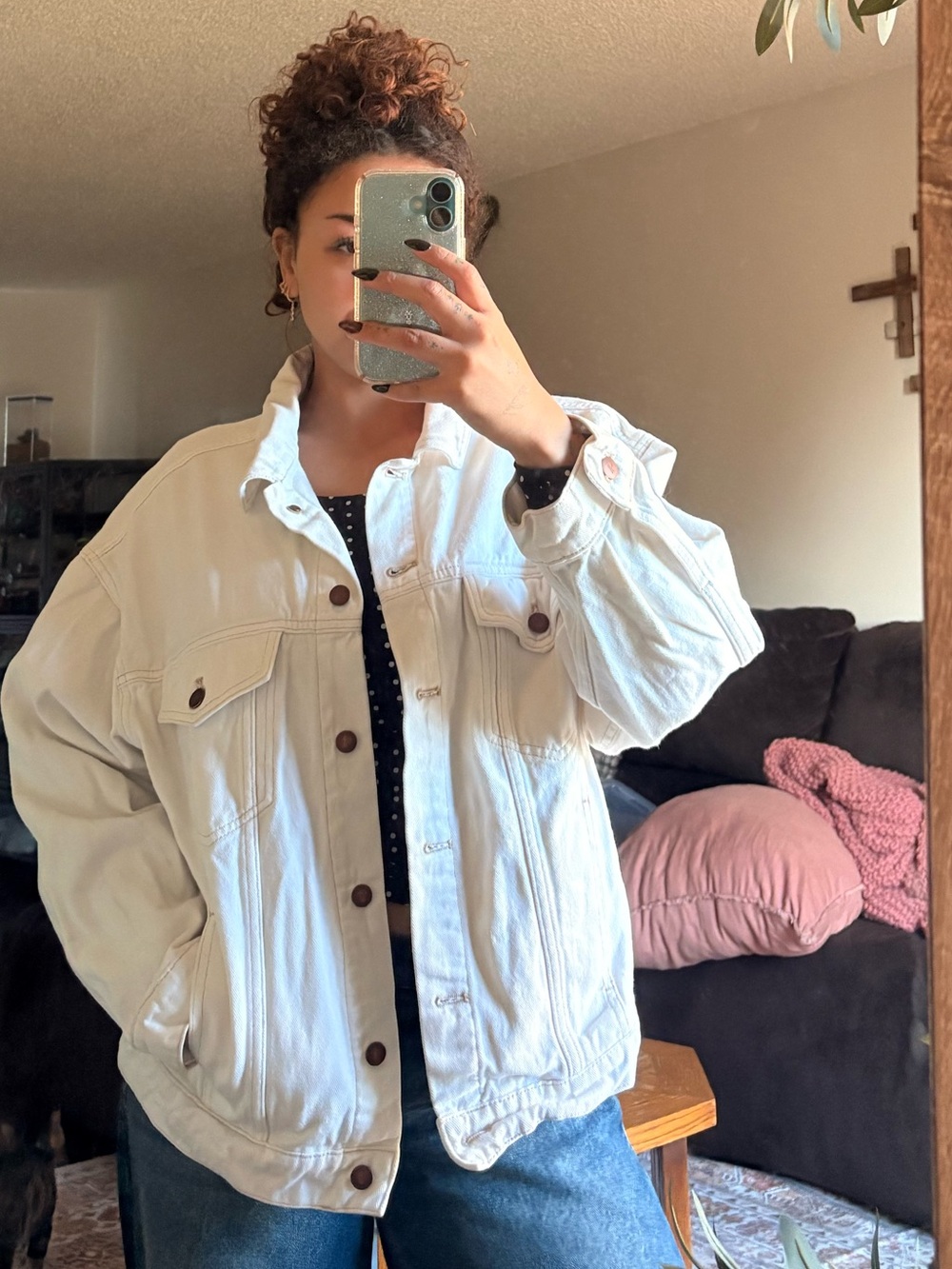 WOMENS Pilcro Cream Denim Jacket with Brown Buttons